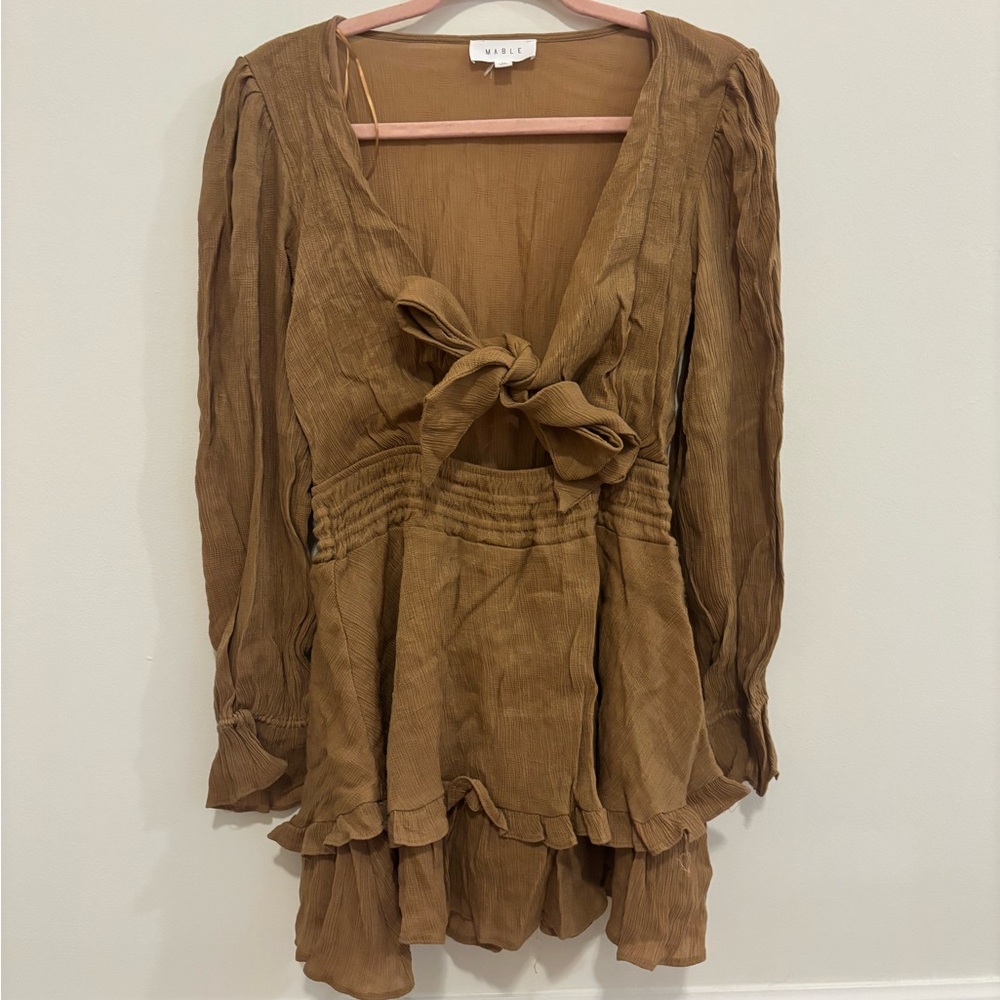 MABLE Textured Mini Dress in Camel Brown